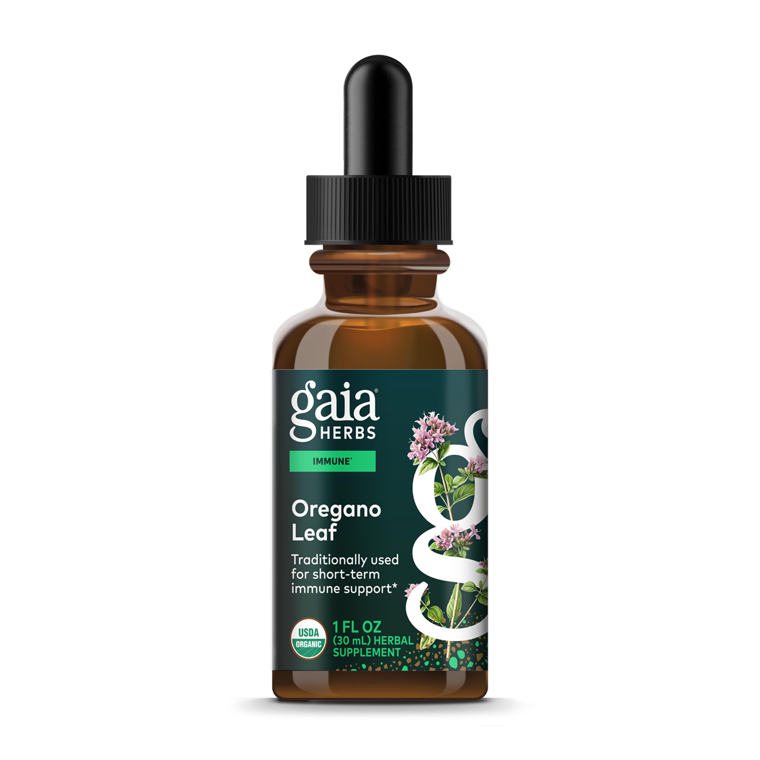 Gaia Herbs Oregano Leaf bottle showing organic liquid formula for daily immune support