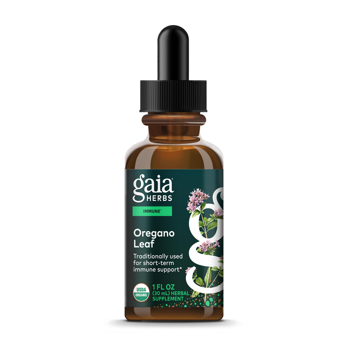 Gaia Herbs Oregano Leaf bottle showing organic liquid formula for daily immune support