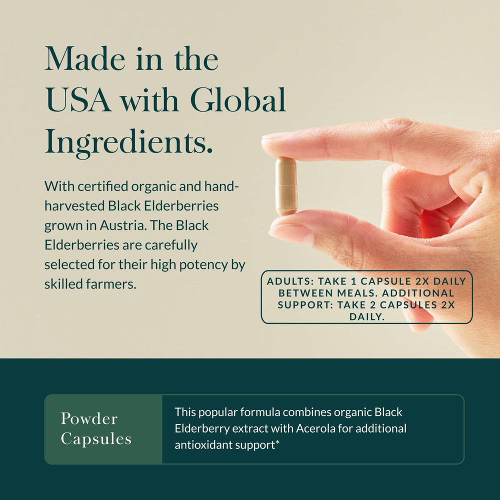 Gaia Herbs Organic elderberry extract label emphasizing purity and concentration.