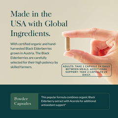 Gaia Herbs Organic elderberry extract label emphasizing purity and concentration.