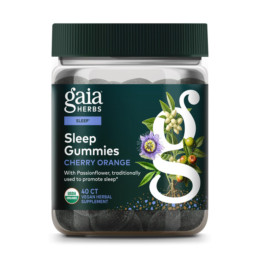 Gaia Herbs Organic Sleep Gummies bottle for a relaxing nightly routine
