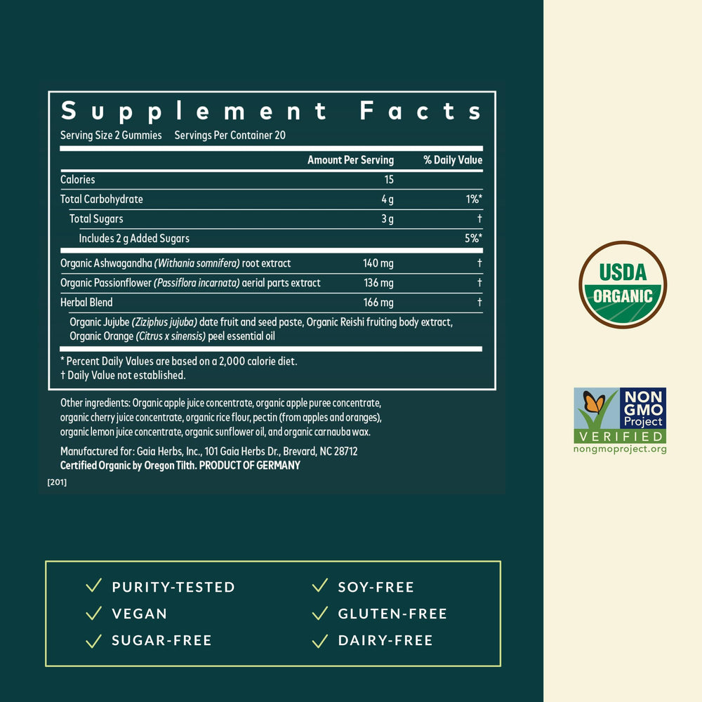 Gaia Herbs sleep gummies feature reishi mushroom for a soothing evening