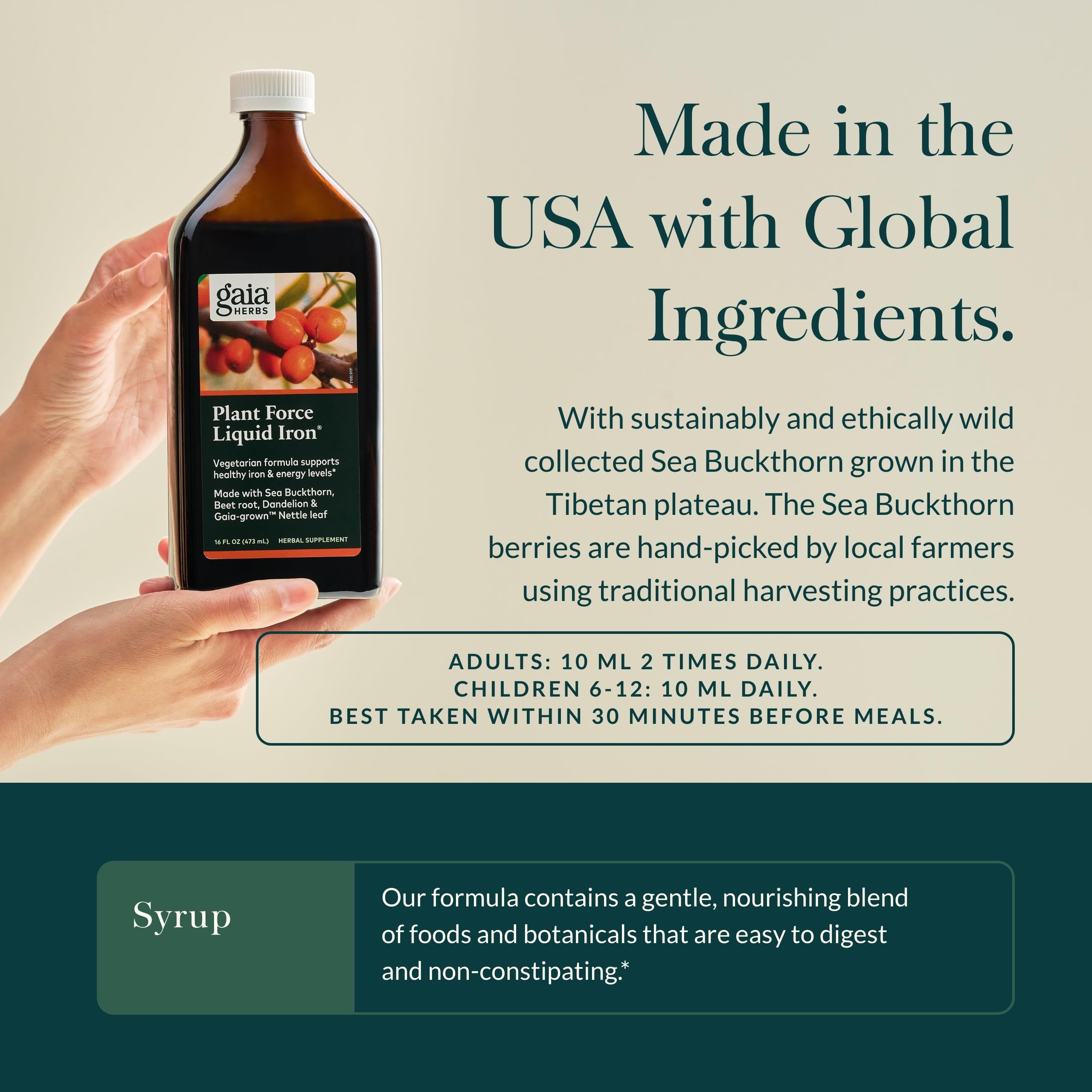 Gaia Herbs Plant Force Liquid Iron beet root closeup conveys vibrant color and root-based formulation.
