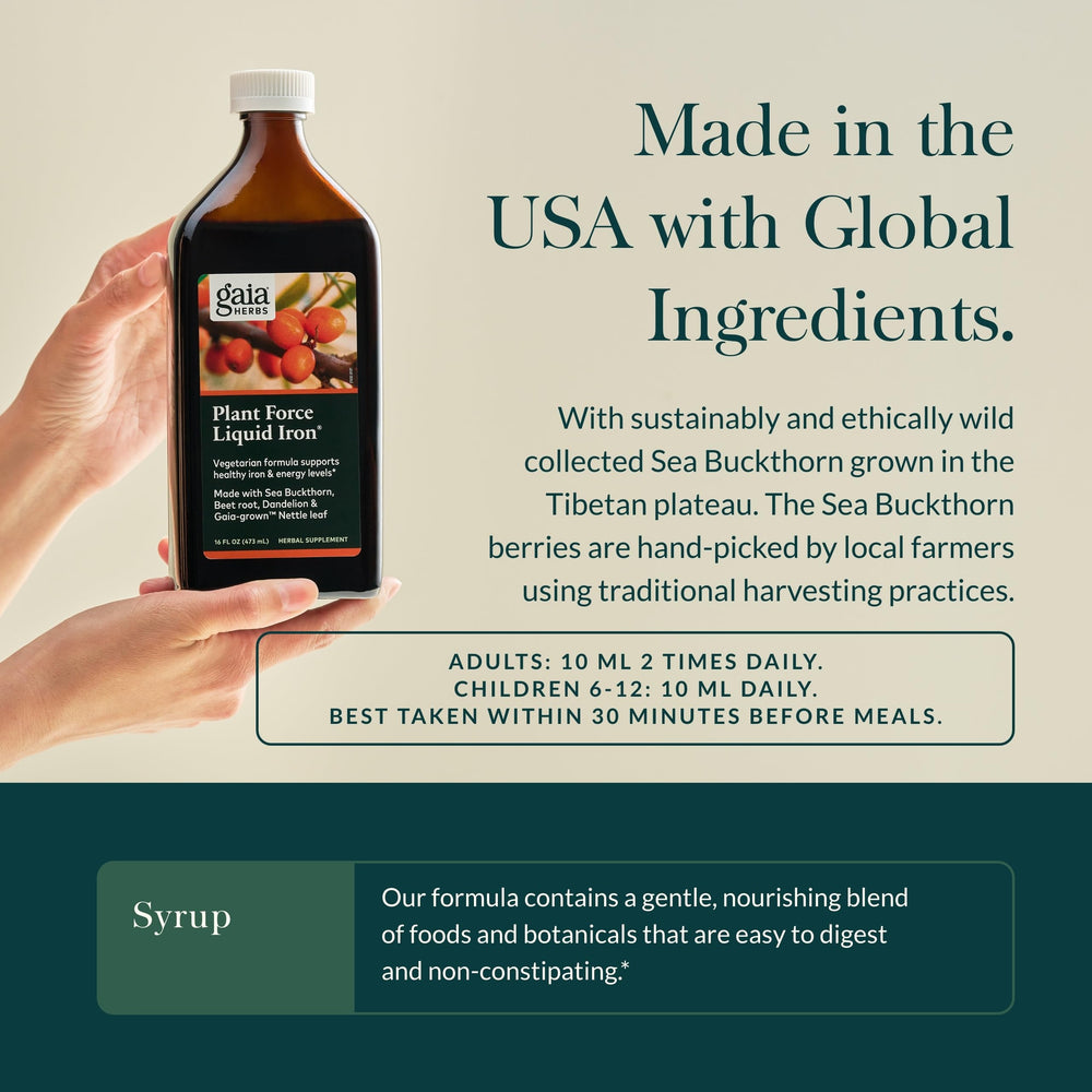 Gaia Herbs Plant Force Liquid Iron beet root closeup conveys vibrant color and root-based formulation.