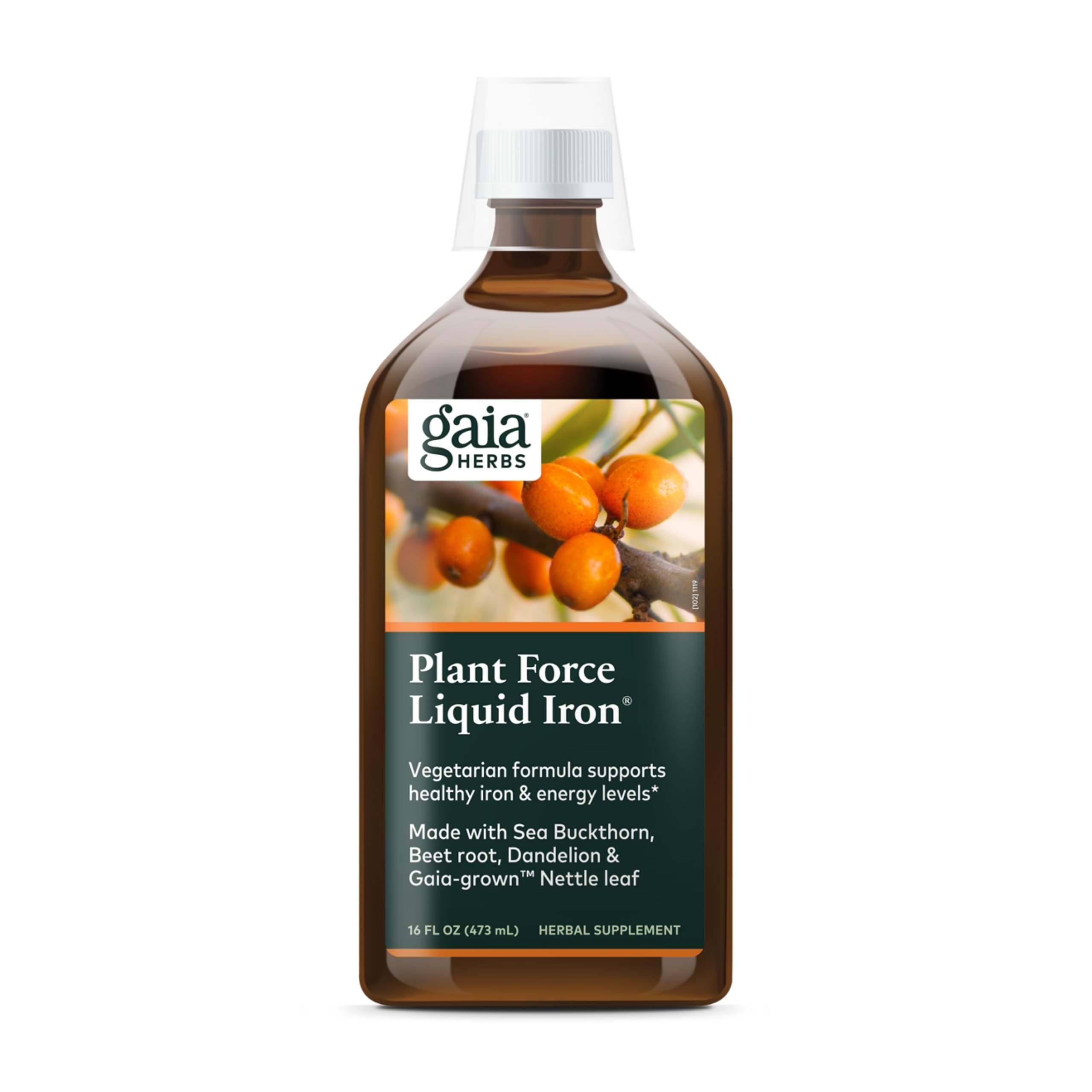 Gaia Herbs Plant Force Liquid Iron bottle pour shows an easy daily energy-support option.