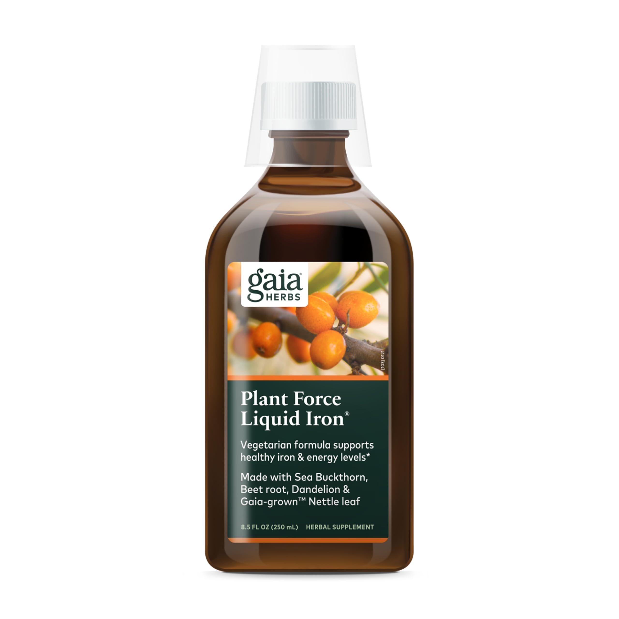 Gaia Herbs Plant Force Liquid Iron bottle; convenient vegetarian iron support.