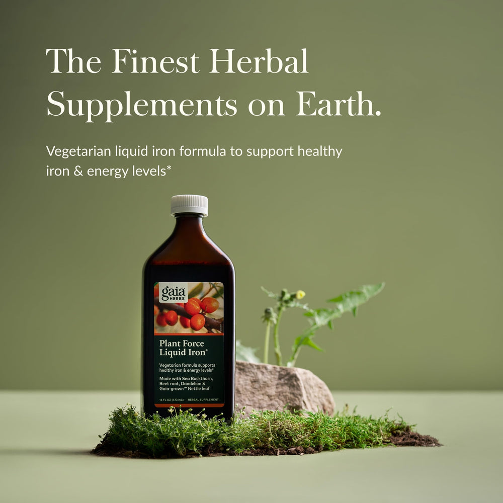 Gaia Herbs Plant Force Liquid Iron label closeup highlights vegan, purity-tested formula.