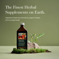 Gaia Herbs Plant Force Liquid Iron label closeup highlights vegan, purity-tested formula.