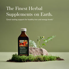 Gaia Herbs Plant Force Liquid Iron label; allergen-free, plant-based formula for clarity.
