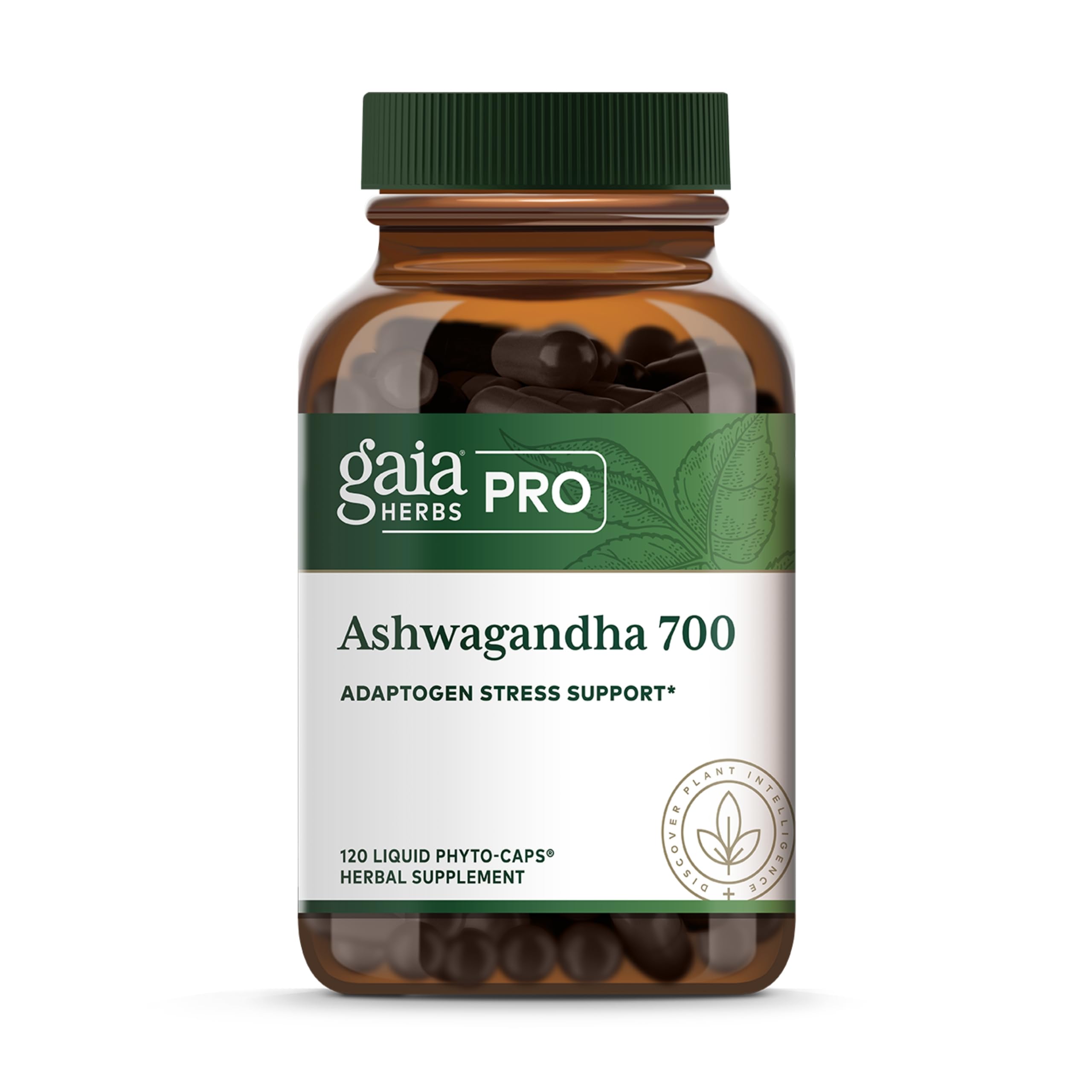 GAIA Herbs PRO Ashwagandha 700 bottle showing a premium single-herb immune support formula.