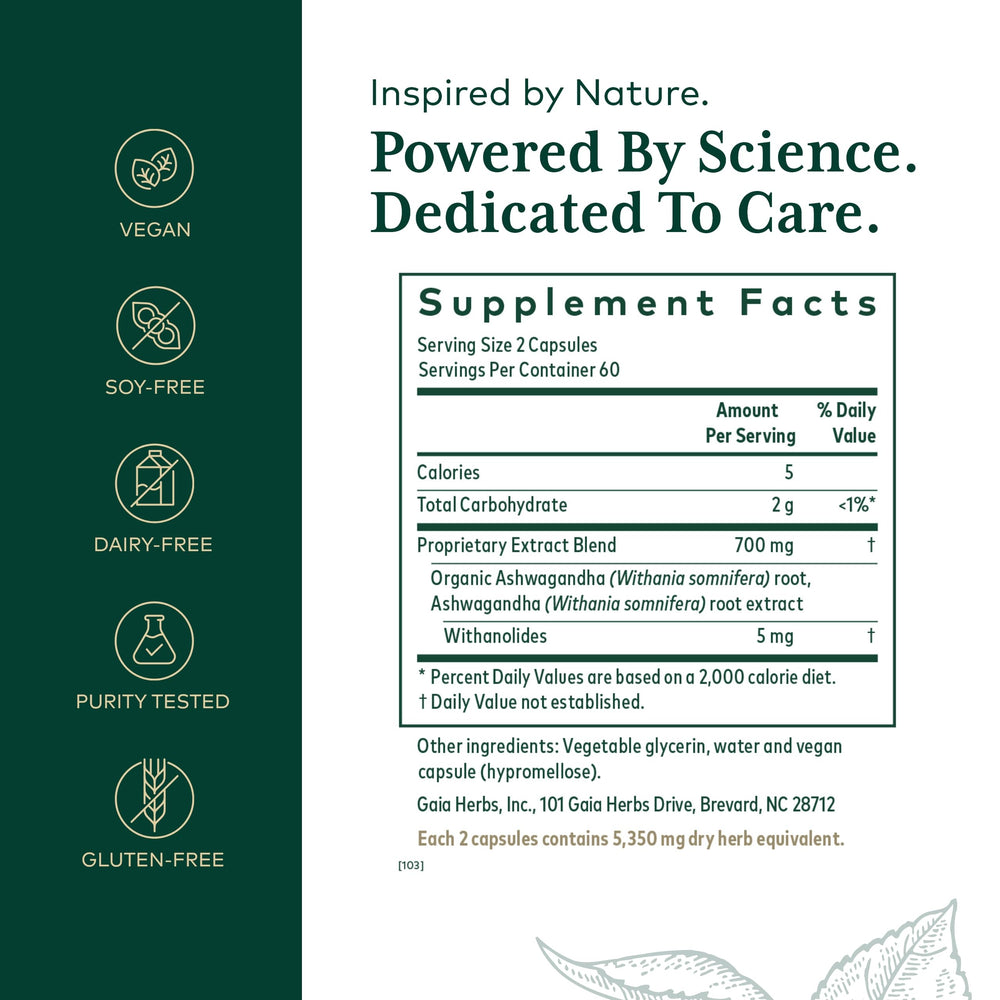 GAIA Herbs PRO Ashwagandha 700 capsules close-up – vegan, gluten-free supplement.