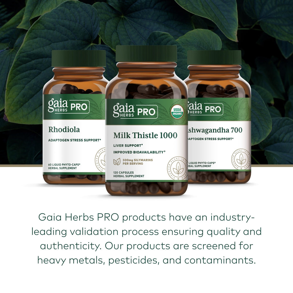 Bottle label with dosage and ingredients details from Gaia Herbs PRO.