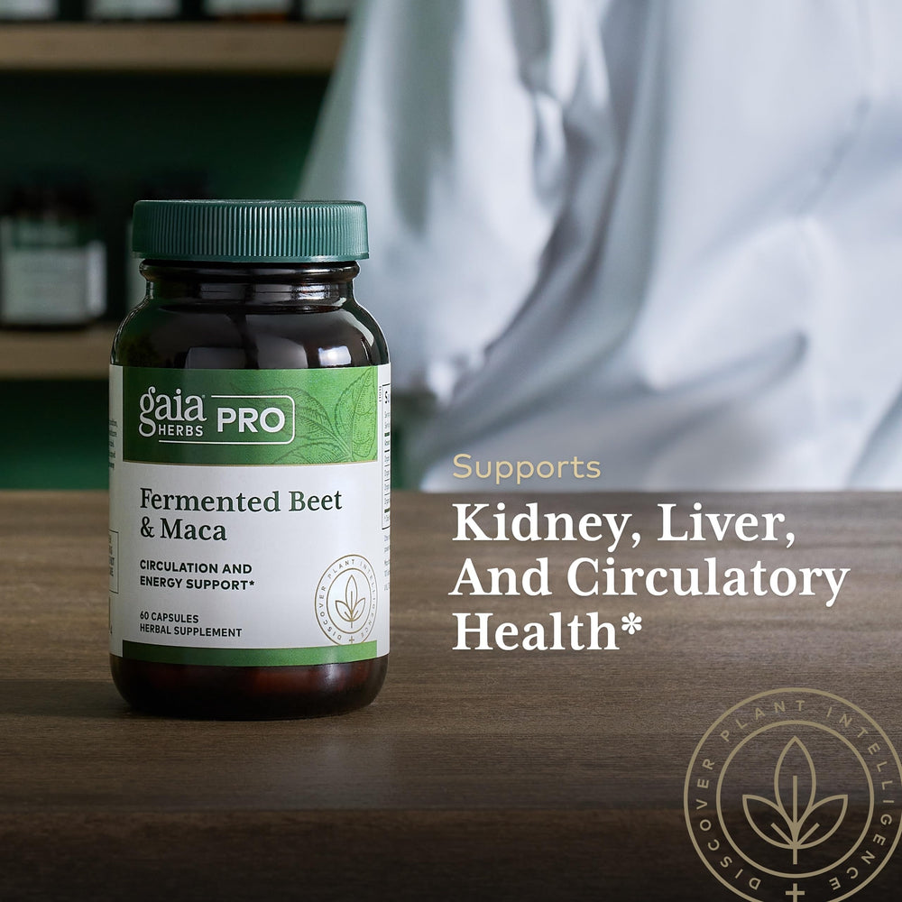 Gaia Herbs PRO Fermented Beet & Maca carrot and spinach ingredients on the label.