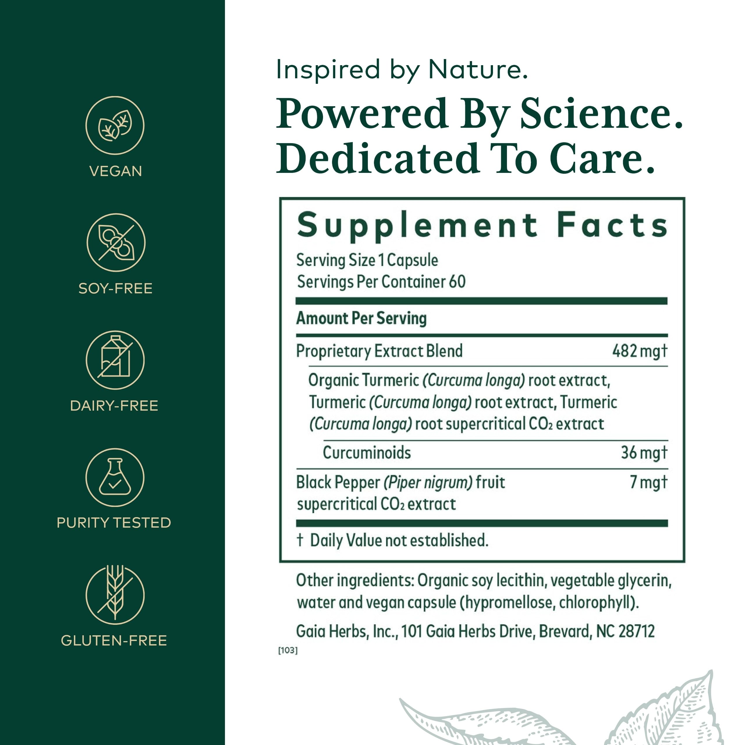 GAIA Herbs PRO Curcuma Supreme bottle back label with dosage for safe daily use.