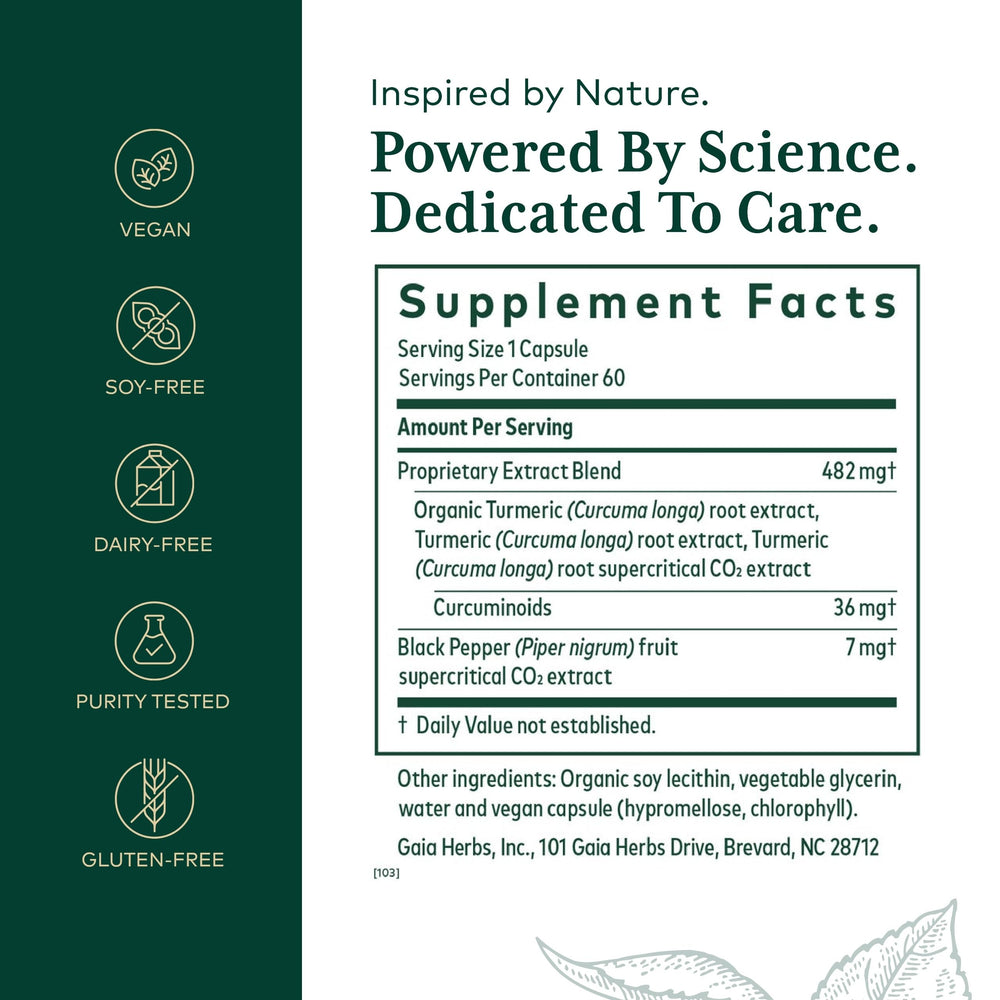 GAIA Herbs PRO Curcuma Supreme bottle back label with dosage for safe daily use.