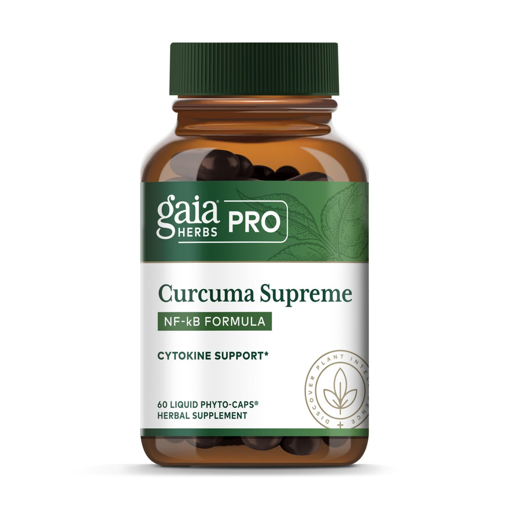GAIA Herbs PRO Curcuma Supreme bottle front shows turmeric blend for daily antioxidant support.