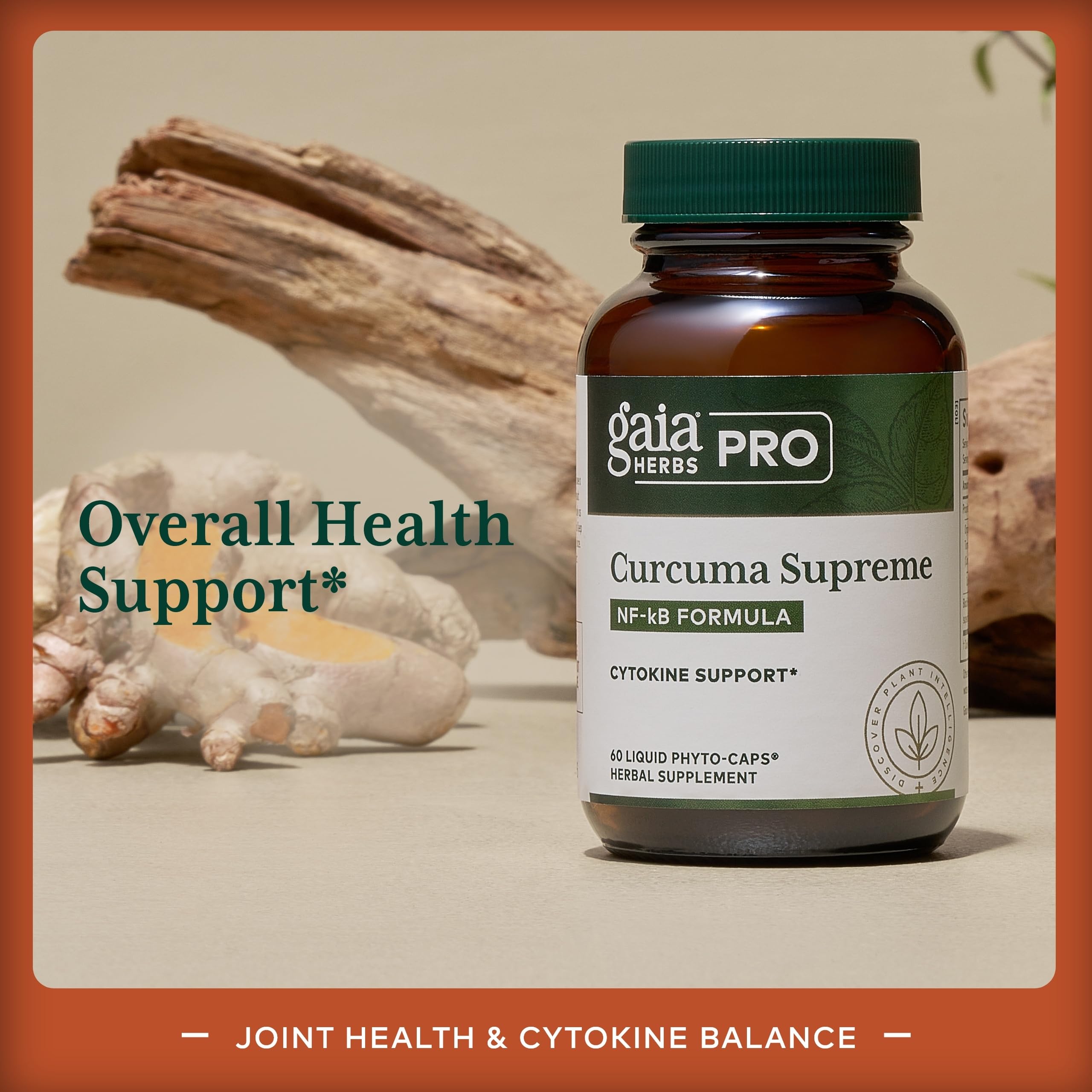 GAIA Herbs PRO Curcuma Supreme capsules close-up illustrating soft gel form for easy swallowing.
