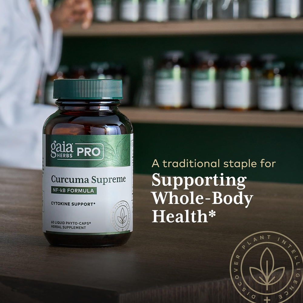 GAIA Herbs PRO Curcuma Supreme ingredient label highlighting turmeric and black pepper.