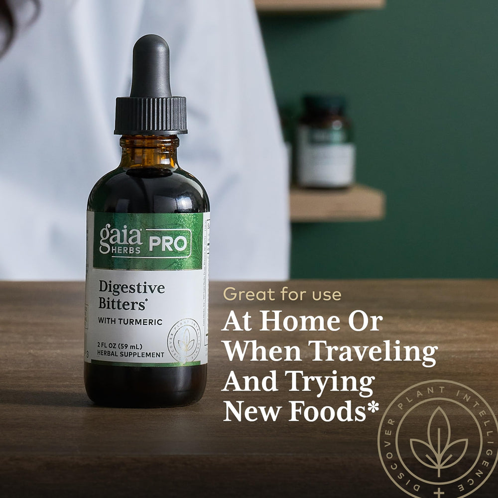 GAIA Herbs Pro Digestive Bitters on shelf emphasizes premium herbal formula.