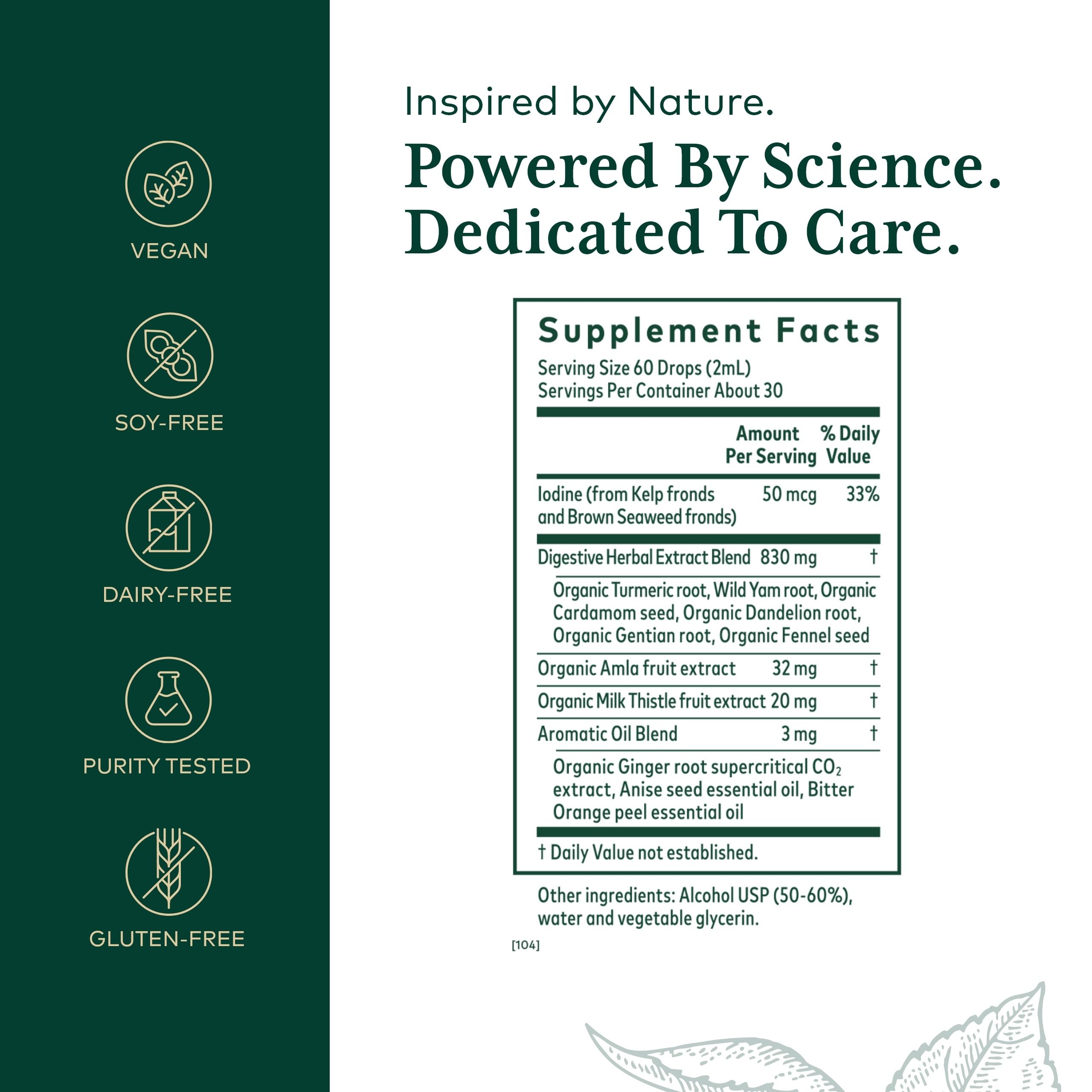 GAIA Herbs Pro Digestive Bitters label close-up highlights turmeric and herbal blend.