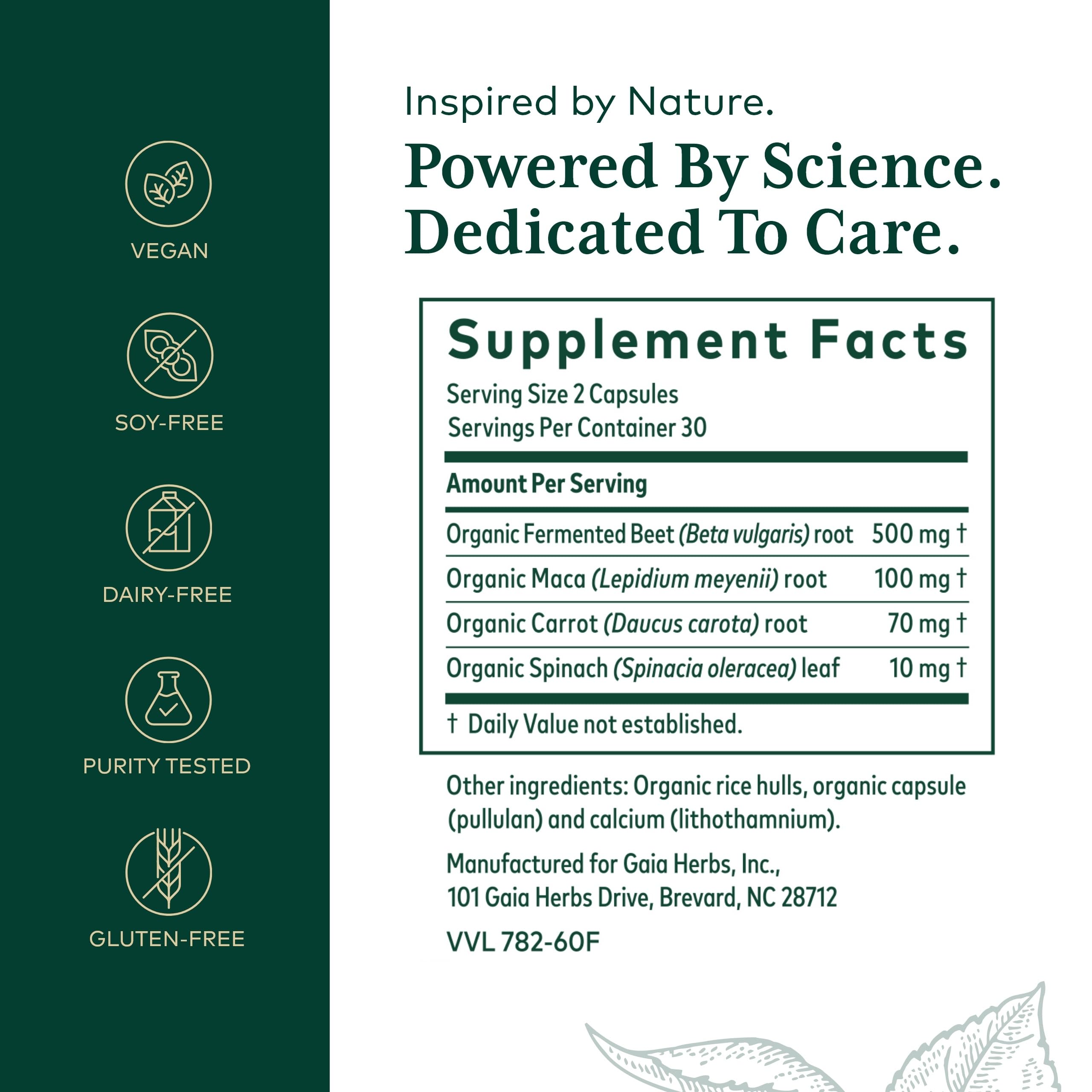 Gaia Herbs PRO Fermented Beet & Maca capsules ready for daily circulation support.