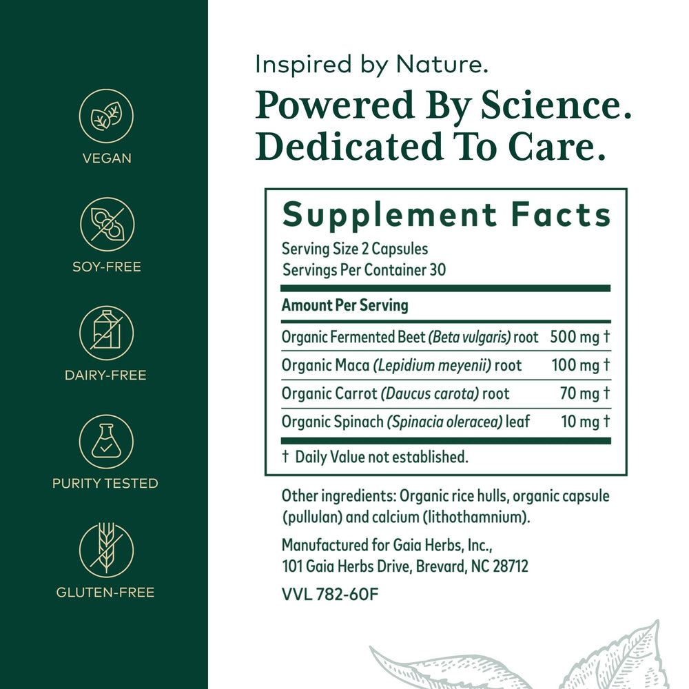 Gaia Herbs PRO Fermented Beet & Maca capsules ready for daily circulation support.