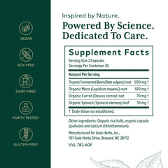 Gaia Herbs PRO Fermented Beet & Maca capsules ready for daily circulation support.