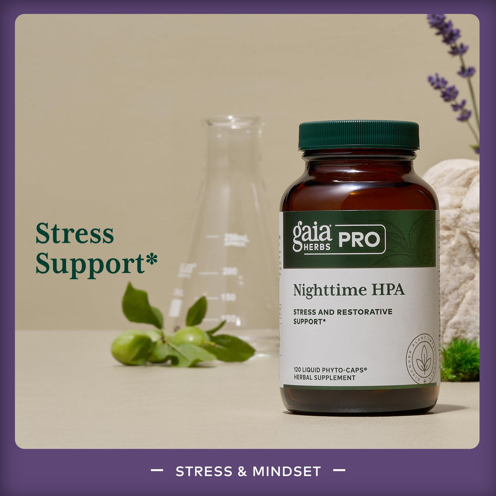 Gaia Herbs Pro Nighttime HPA label detail shows ashwagandha and cordyceps.