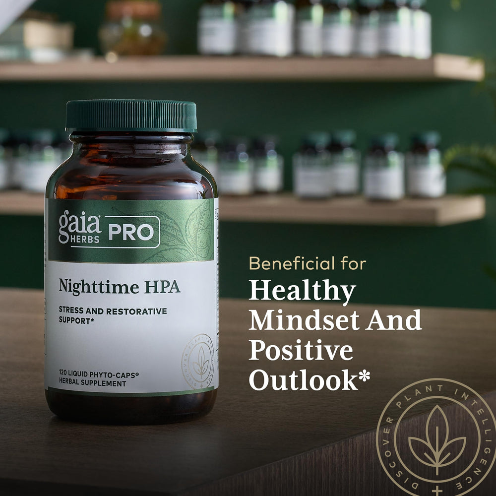 Gaia Herbs Pro Nighttime HPA on pantry shelf signals nightly routine.