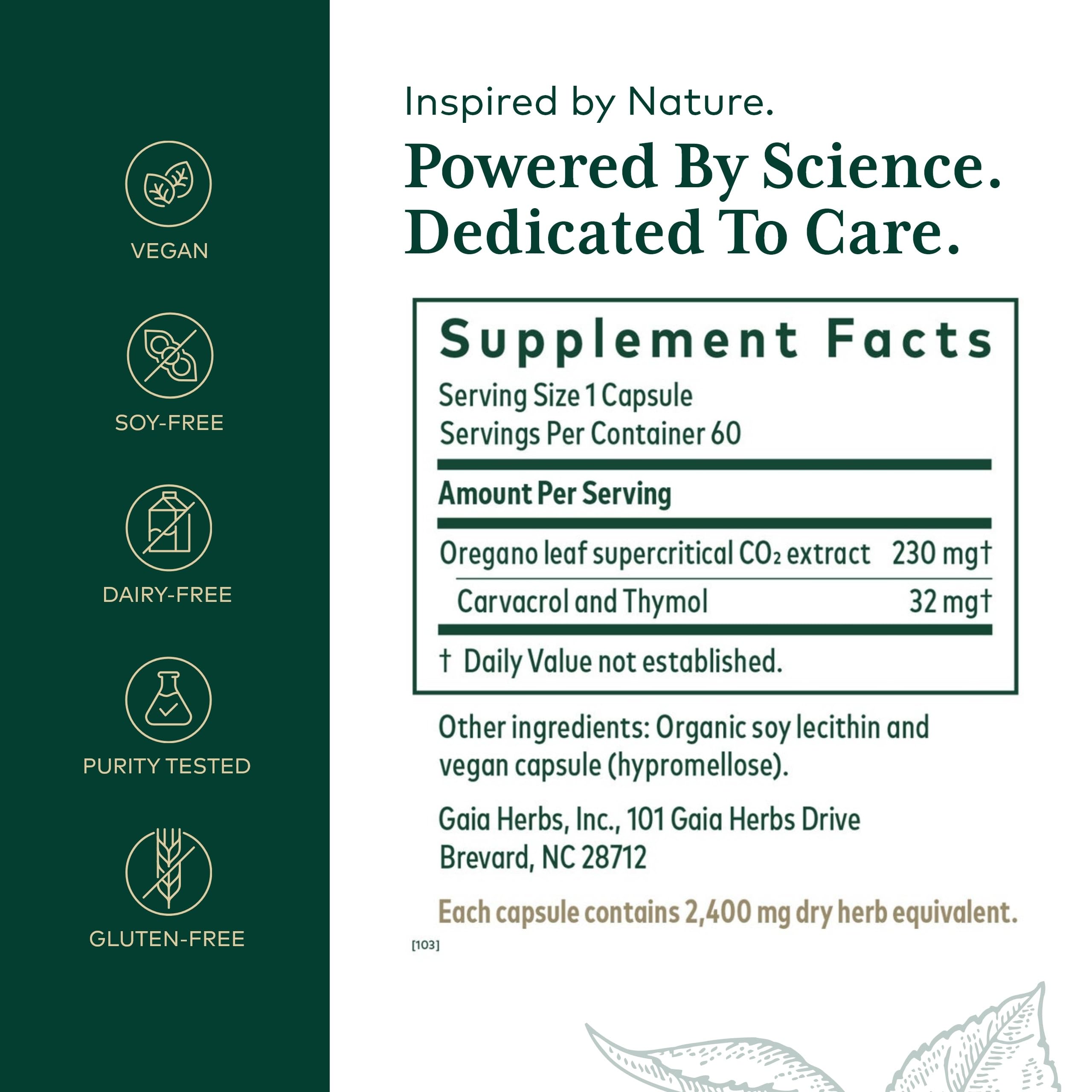 GAIA Herbs PRO Oil of Oregano bottle label detail highlighting carvacrol and thymol.