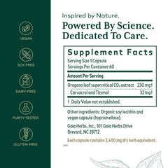 GAIA Herbs PRO Oil of Oregano bottle label detail highlighting carvacrol and thymol.