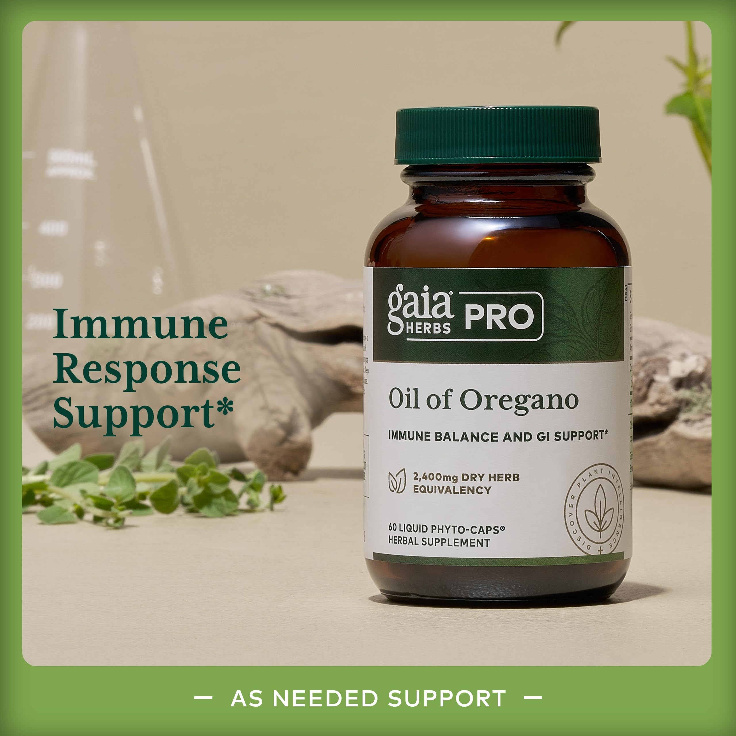 GAIA Herbs PRO Oil of Oregano capsules closeup emphasizing vegan capsules.