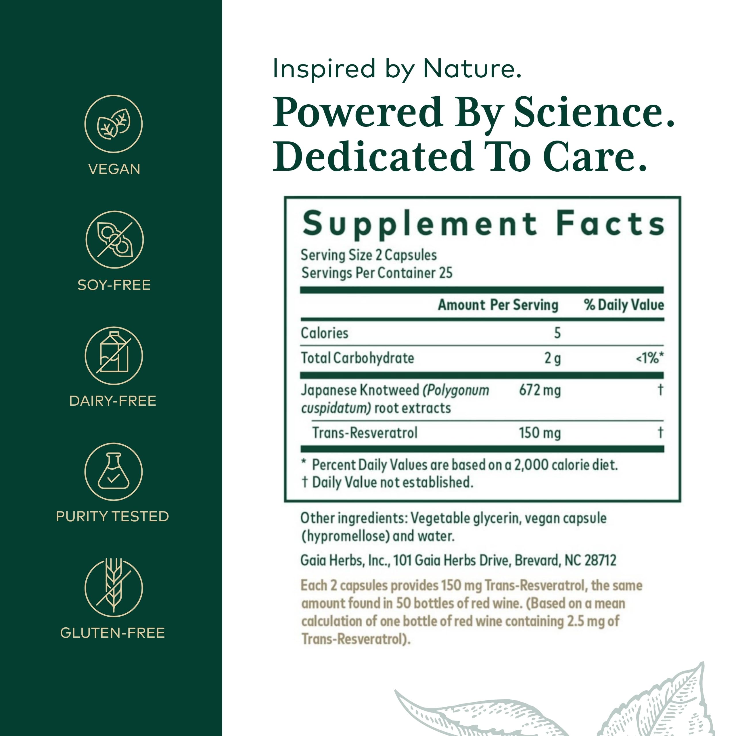 Gaia Herbs Pro Resveratrol 150 bottle back with supplement facts and ingredients