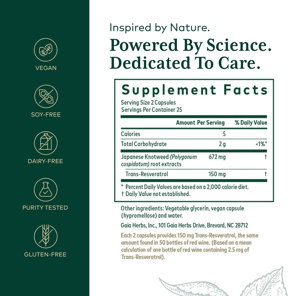 Gaia Herbs Pro Resveratrol 150 bottle back with supplement facts and ingredients