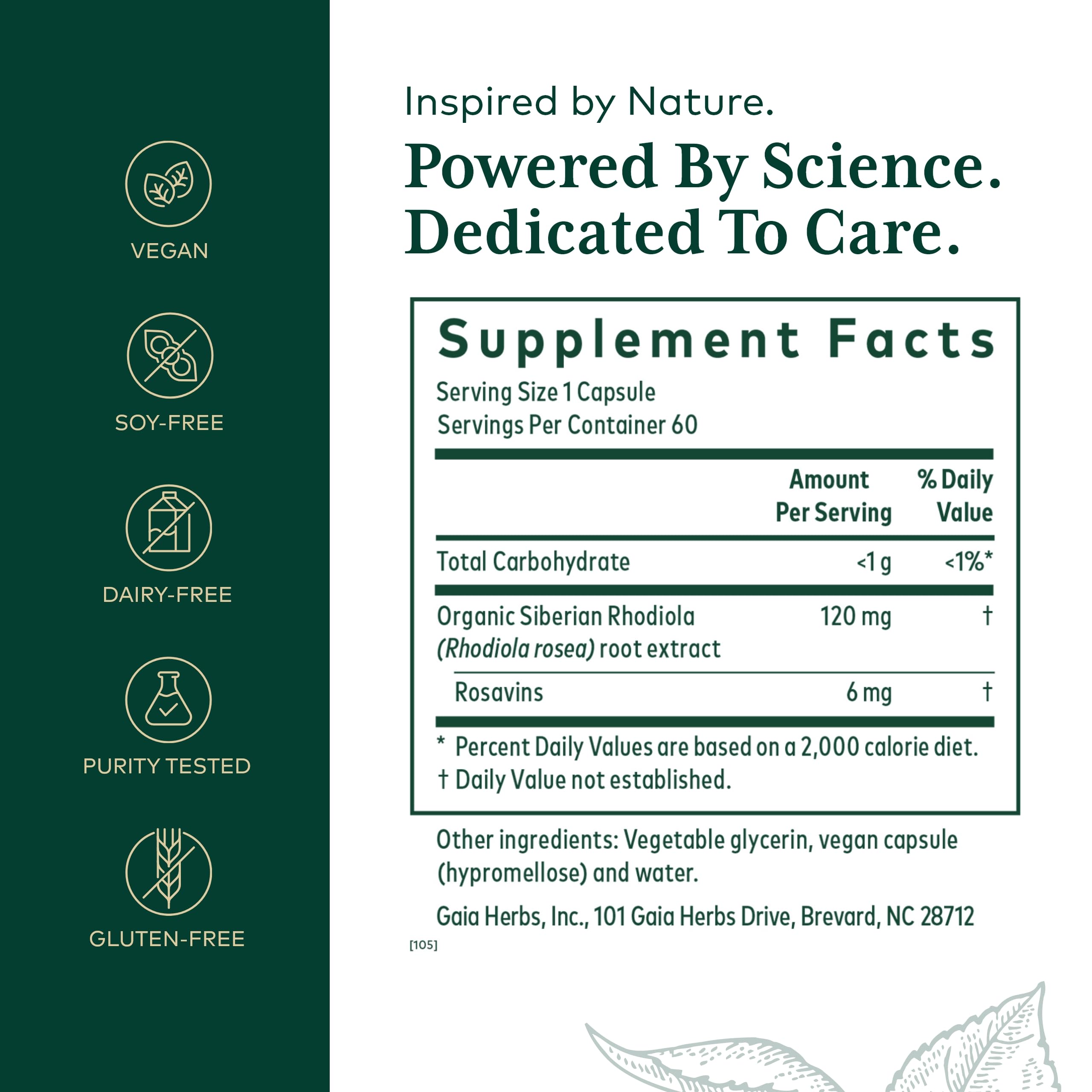 GAIA Herbs PRO Rhodiola bottle back with vegan, gluten-free info