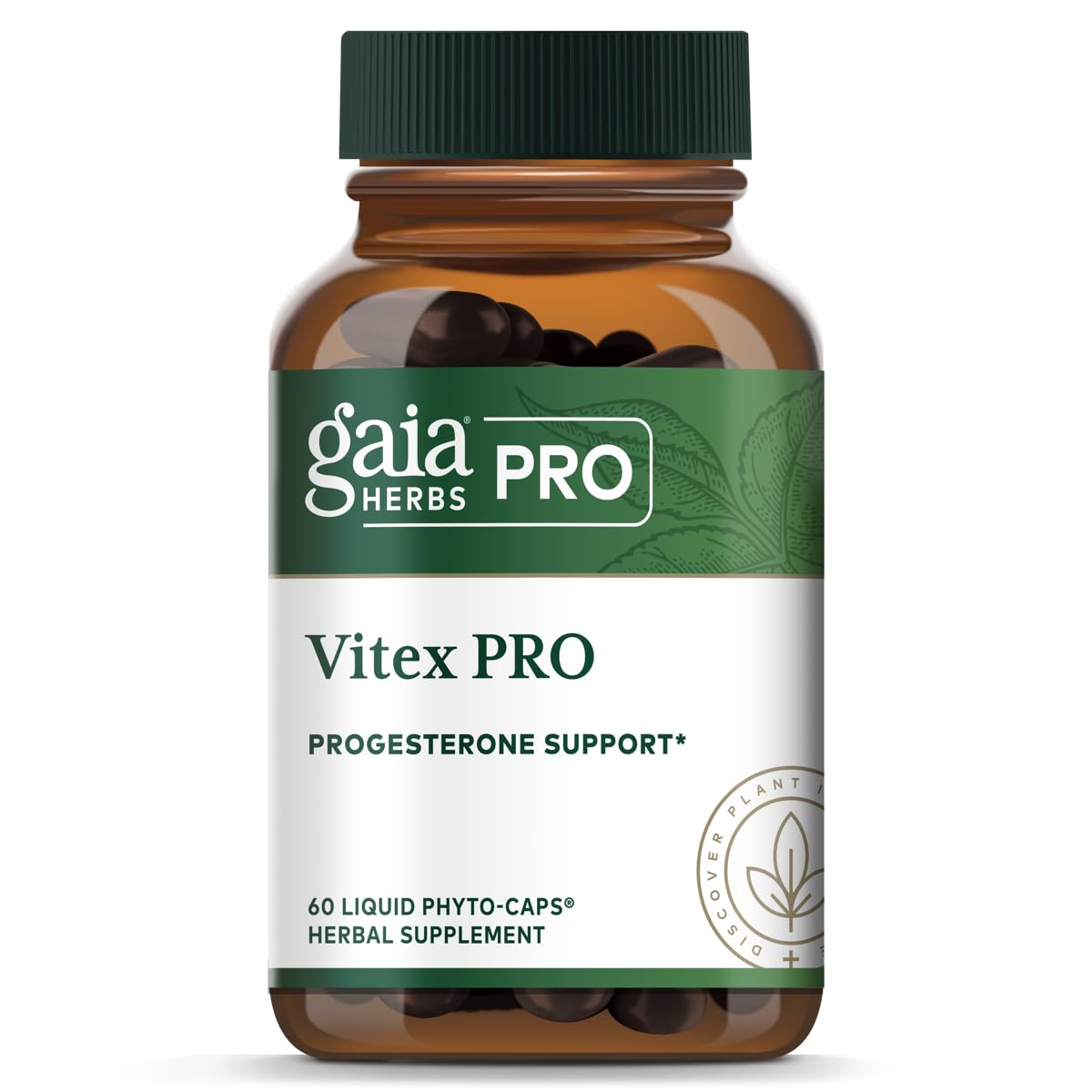Gaia Herbs PRO Vitex PRO bottle close-up for hormone support potential