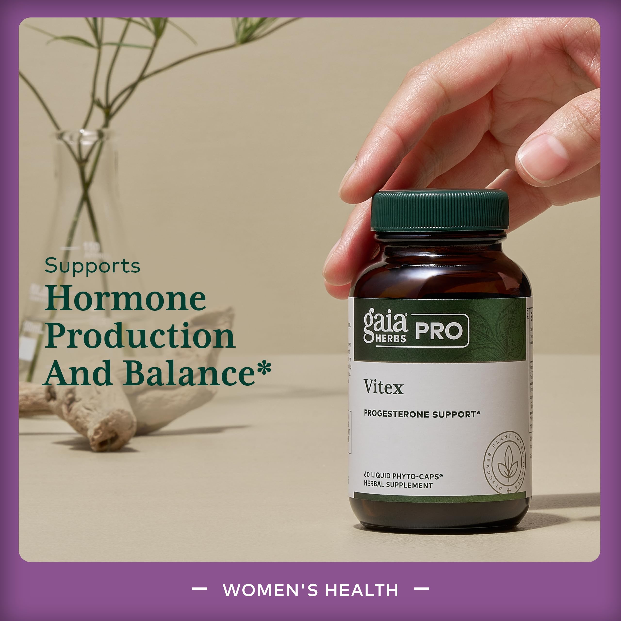 Gaia Herbs PRO Vitex PRO bottle label emphasizing potency and purity