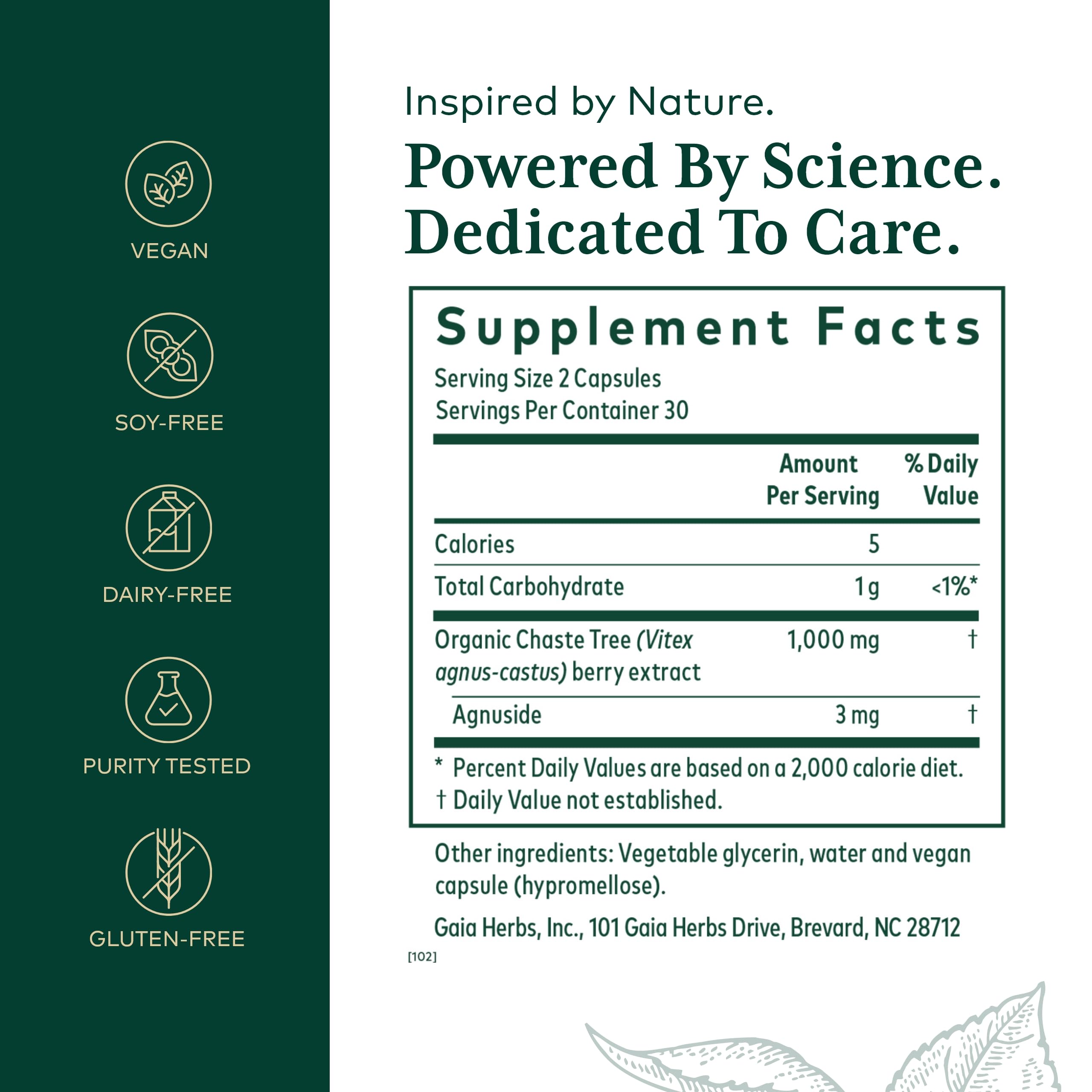 Gaia Herbs PRO Vitex PRO capsules on display illustrating organic extract