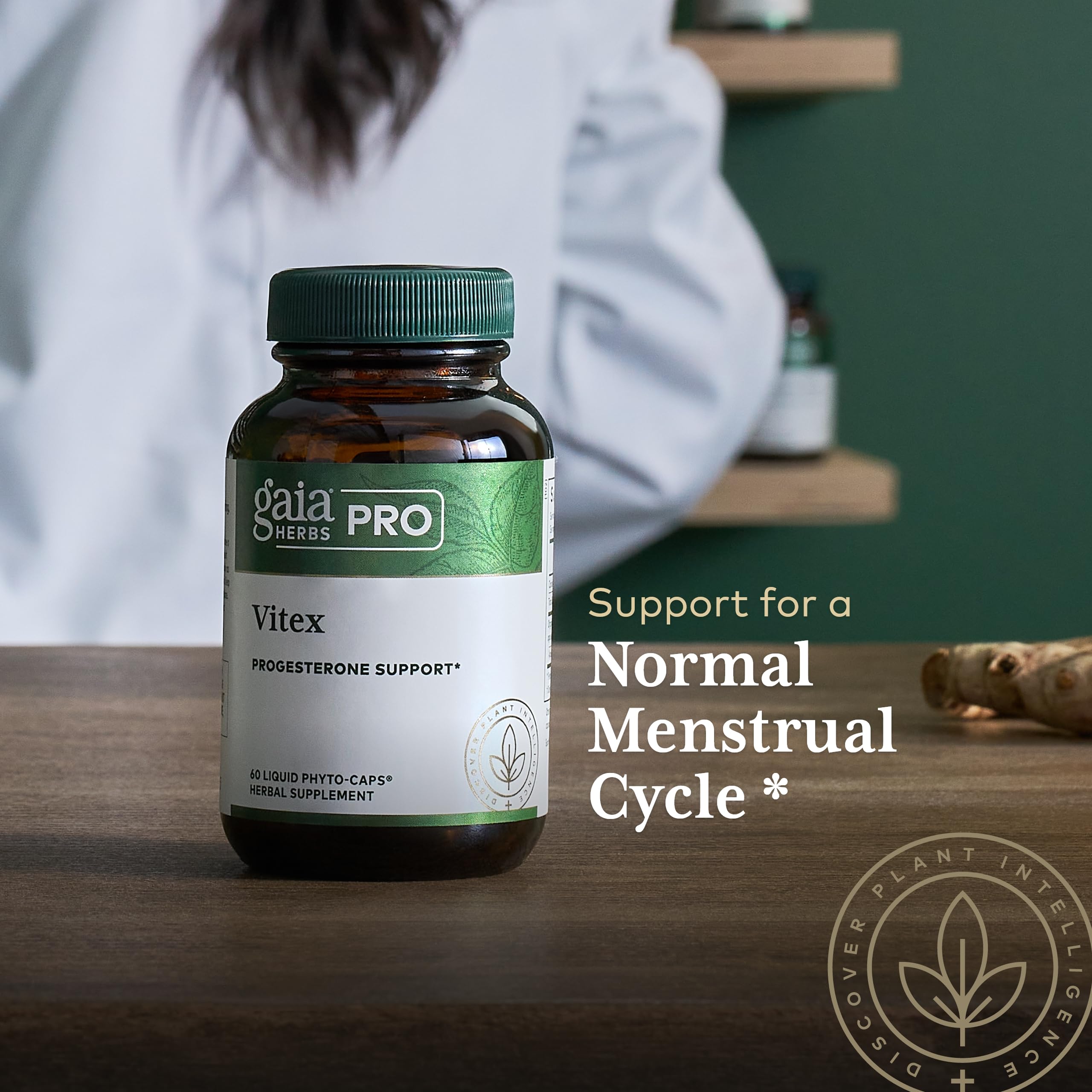 Gaia Herbs PRO Vitex PRO capsules arranged for menopause support aesthetics