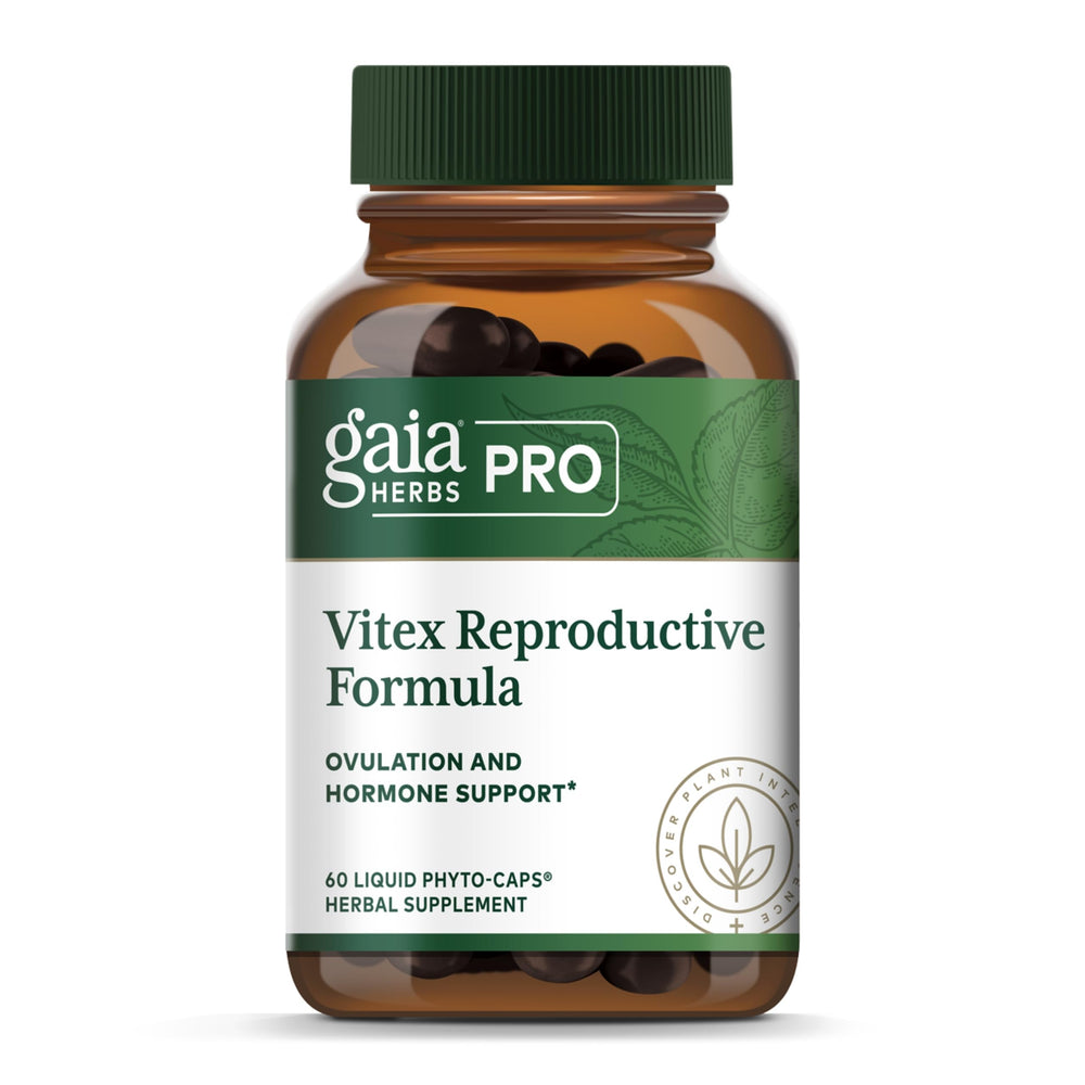 Gaia Herbs PRO Vitex Reproductive Formula bottle promotes balanced ovulation support.