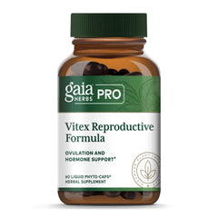 Gaia Herbs PRO Vitex Reproductive Formula bottle promotes balanced ovulation support.