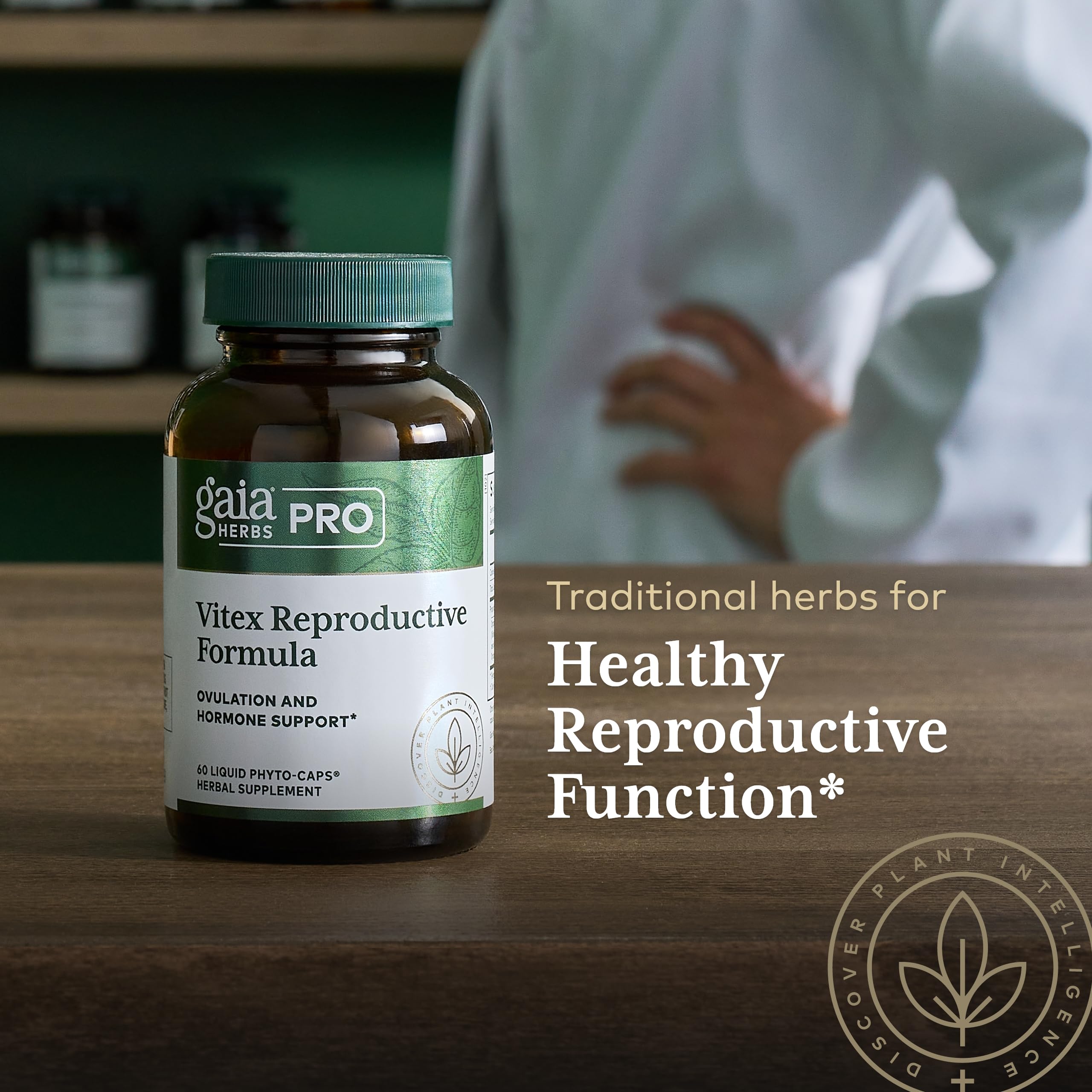 Gaia Herbs PRO Vitex Reproductive Formula chaste tree berry close-up underscores traditional cycle support.
