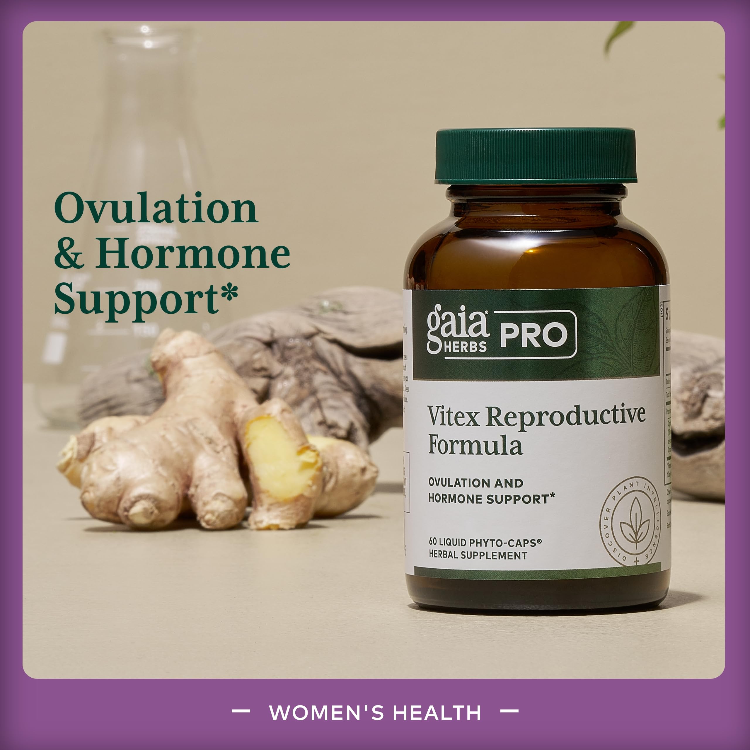 Gaia Herbs PRO Vitex Reproductive Formula ginger root close-up signals premium ingredient quality for wellness.