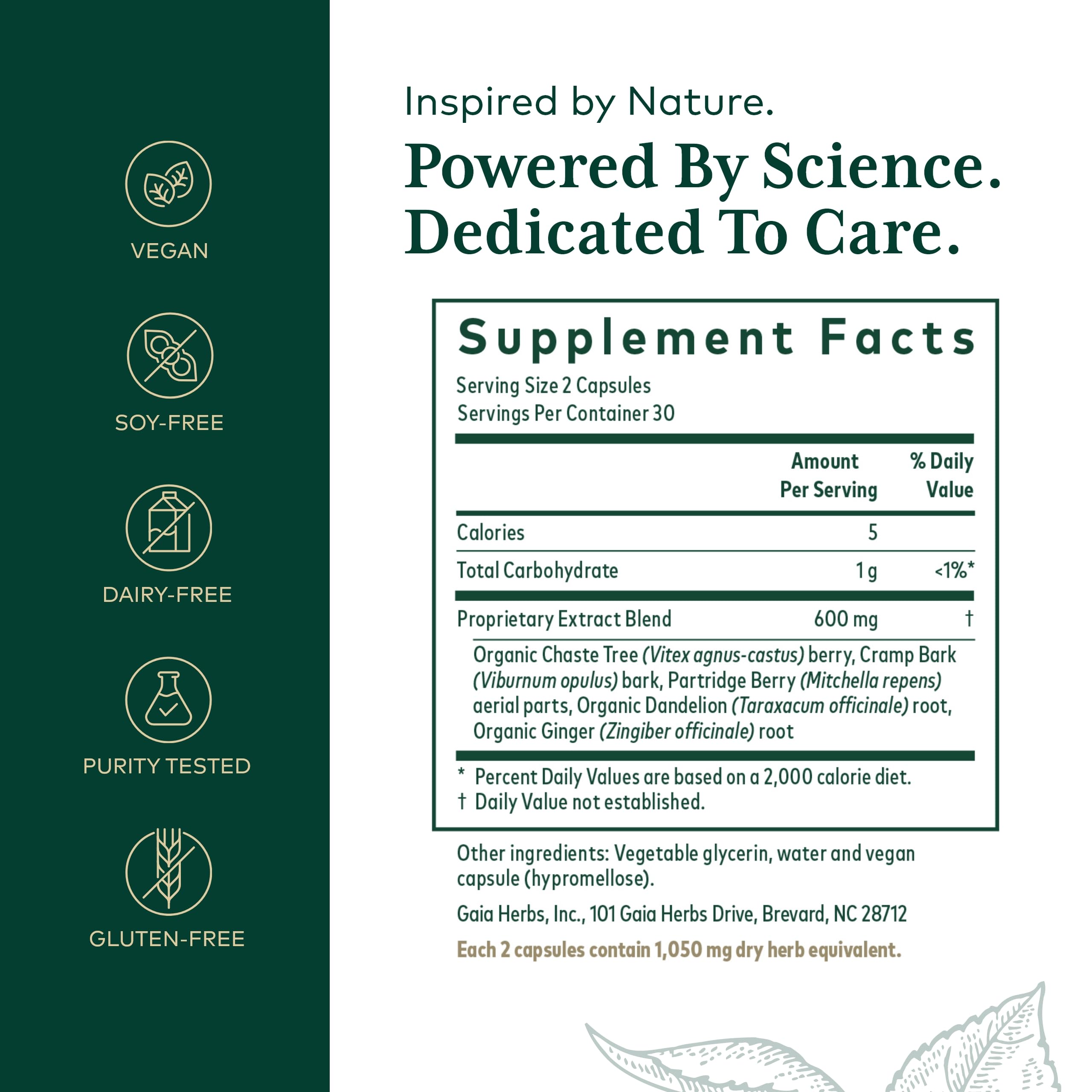 Gaia Herbs PRO Vitex Reproductive Formula label highlights chaste tree berry blend for hormonal balance.