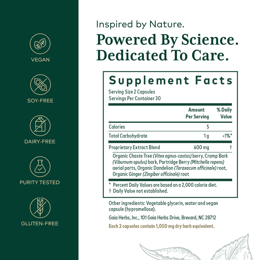 Gaia Herbs PRO Vitex Reproductive Formula label highlights chaste tree berry blend for hormonal balance.