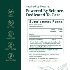 Gaia Herbs PRO Vitex Reproductive Formula label highlights chaste tree berry blend for hormonal balance.