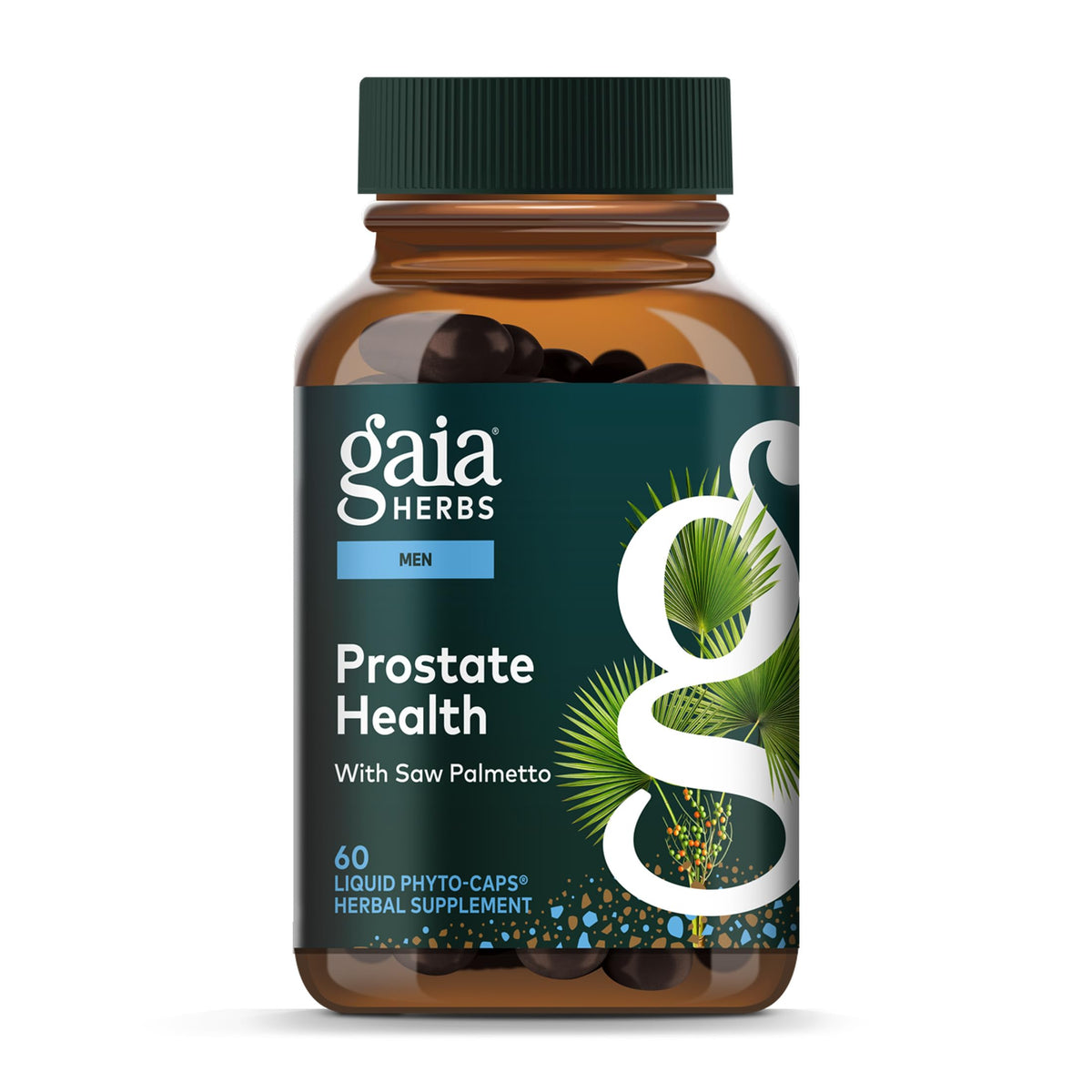 Gaia Herbs Prostate Health bottle close-up for daily support.