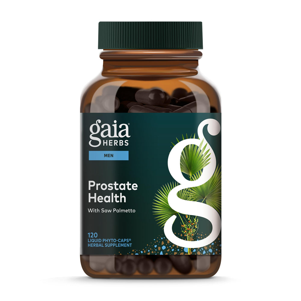 Gaia Herbs Prostate Health bottle pour, convenient vegan liquid capsules for daily support