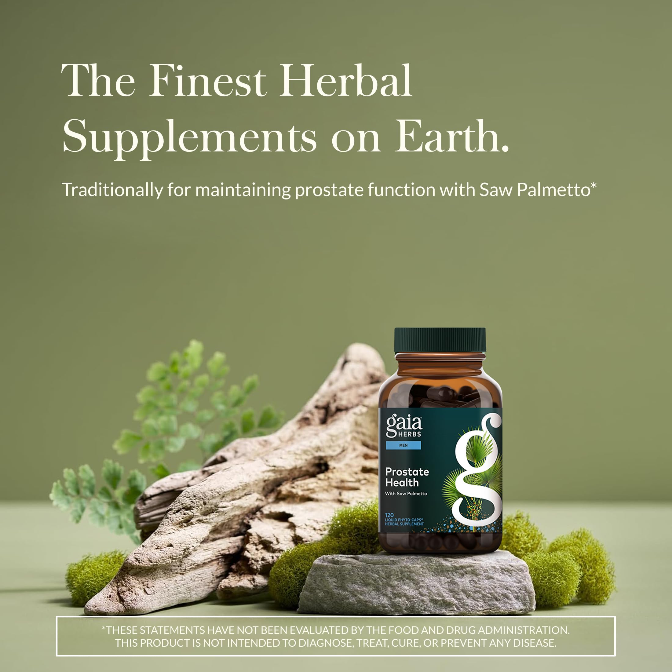 Gaia Herbs Prostate Health label closeup, premium herbal blend for men's health