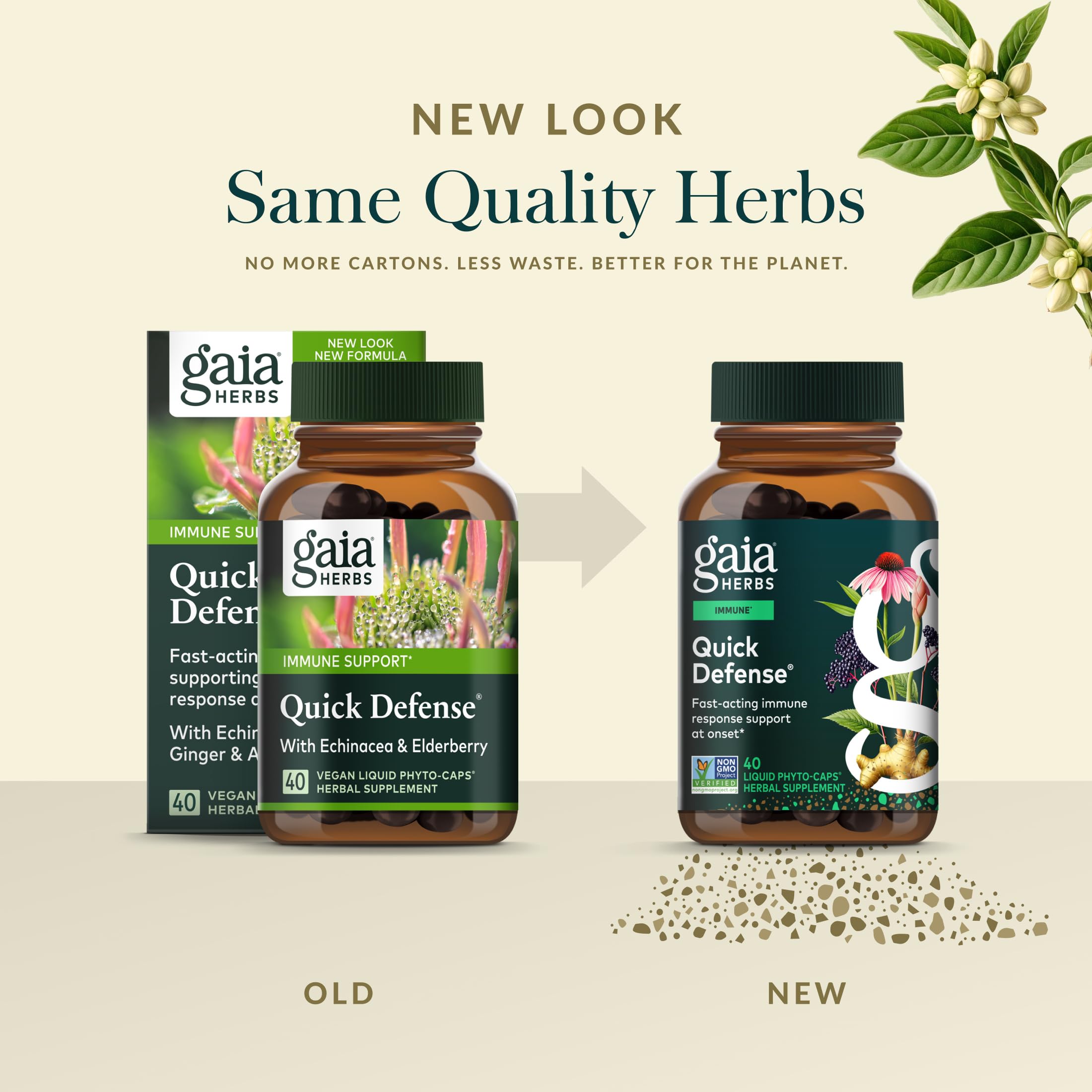 Black elderberry depiction alongside Gaia Herbs Quick Defense